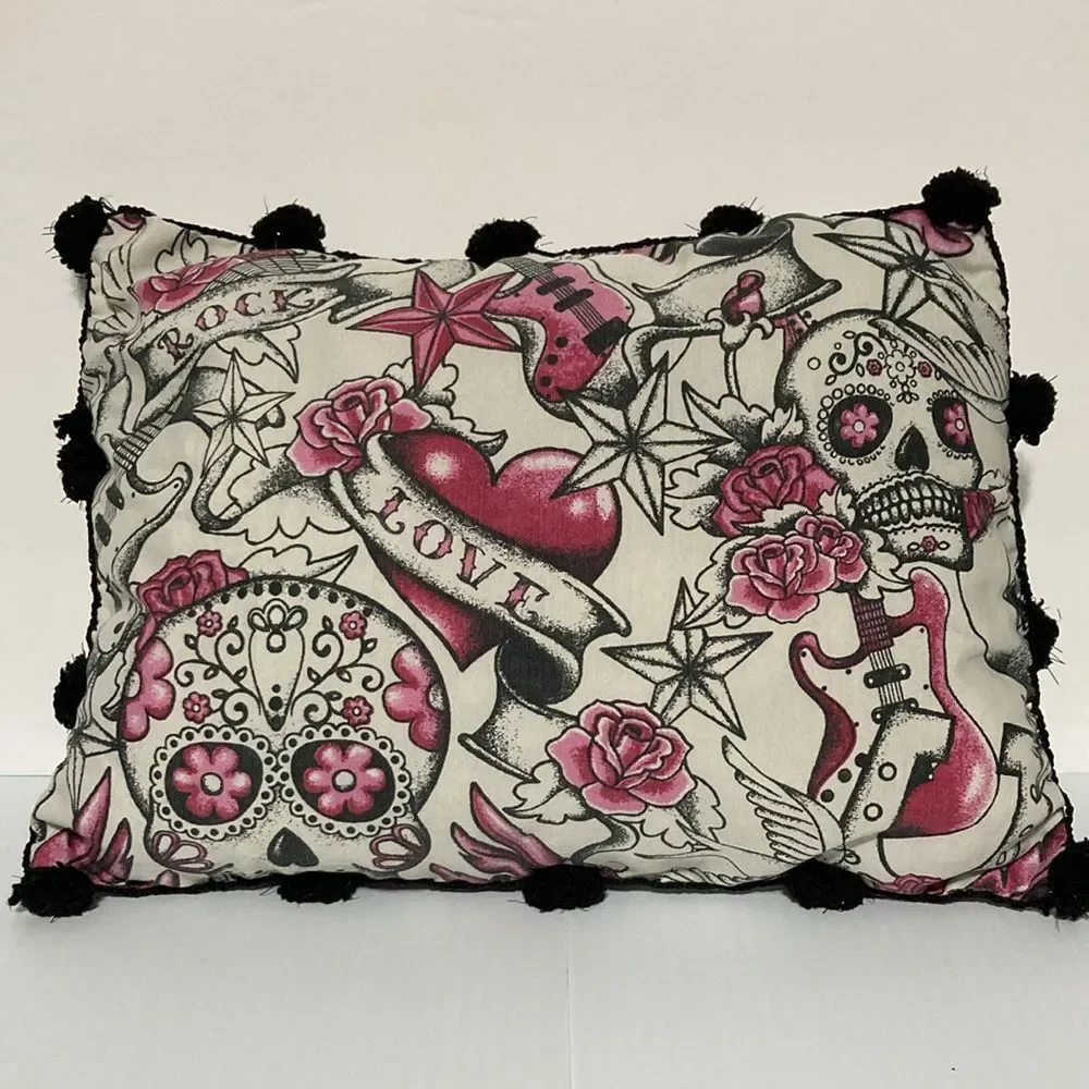 DAY of THE DEAD Rock Guitar Pink Roses Accent Throw Pillow 12 x 8 in Set of 2